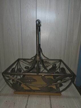 Vtg Bird Motif Ornate Metal & Wood Basket Gathering Eggs French Farmhouse